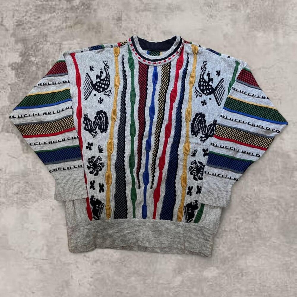Coogi Original Style Carlo Colucci White Wool Sweater Chunky Cable Knit Luxury